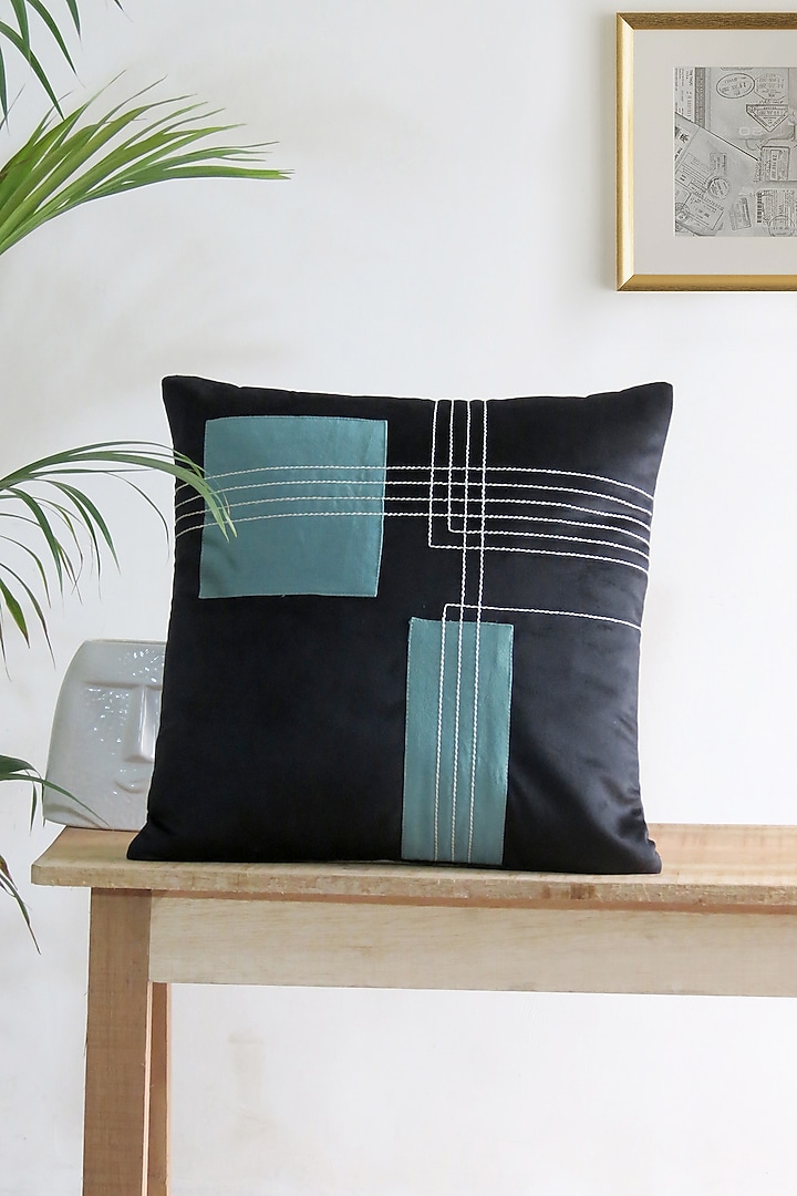 Black & Blue Velvet Patchwork Cushion Cover by Mid July Home