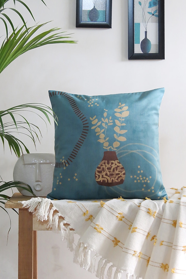 Blue & Brown Velvet Abstract Printed Cushion Cover by Mid July Home