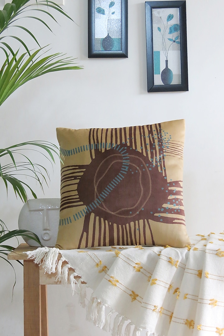 Beige & Brown Velvet Abstract Printed Cushion Cover by Mid July Home at Pernia's Pop Up Shop