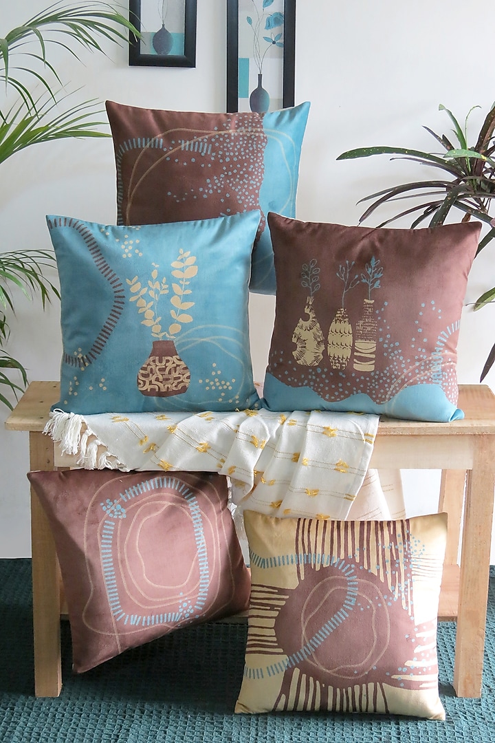 Brown & Blue Velvet Abstract Printed Cushion Cover (Set of 5) by Mid July Home at Pernia's Pop Up Shop