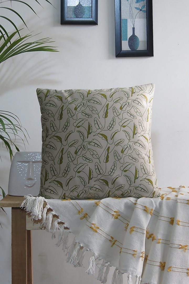 Off-White Velvet Leaf Printed Cushion Cover by Mid July Home