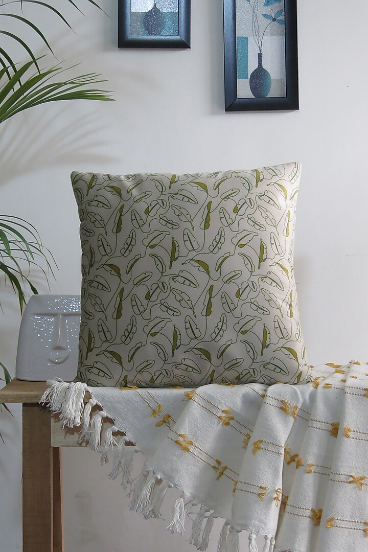 Off-White Velvet Leaf Printed Cushion Cover by Mid July Home