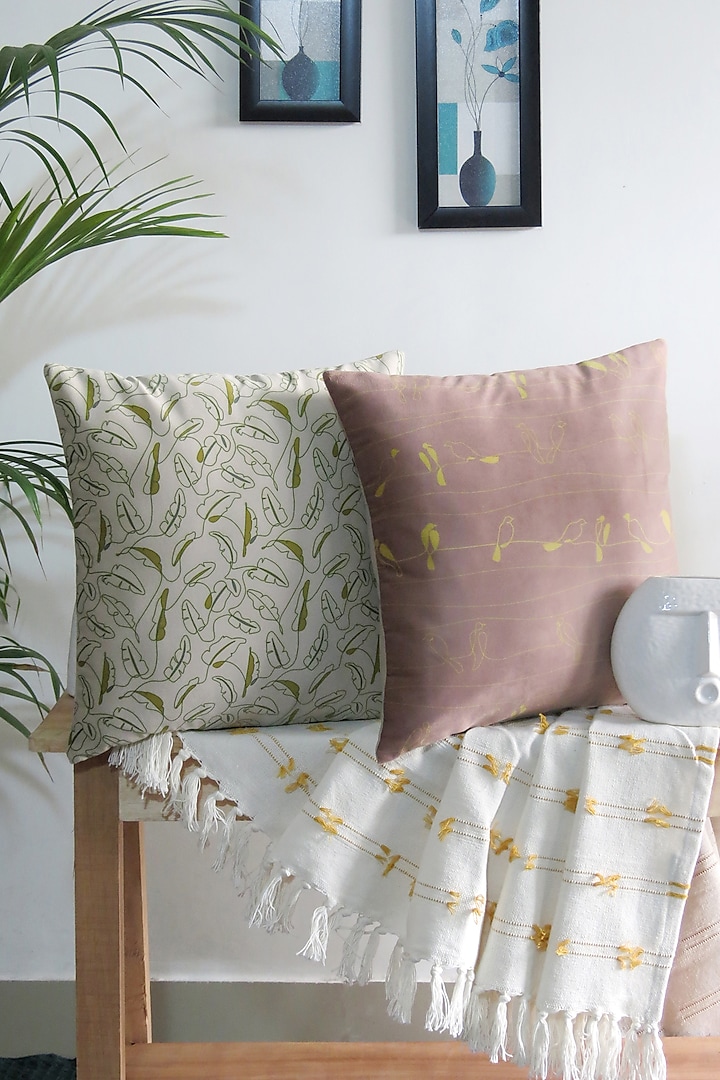 Dusty Pink & Off-White Velvet Printed Cushion Cover (Set of 2) by Mid July Home at Pernia's Pop Up Shop