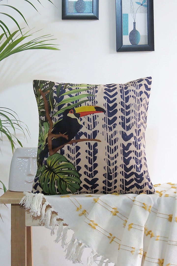 Indigo Blue & White Velvet Bird Printed Tie-Dye Cushion Cover by Mid July Home at Pernia's Pop Up Shop