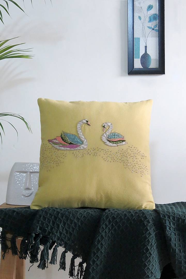 Yellow Cotton Zardosi Embroidered Handcrafted Cushion Cover by Mid July Home
