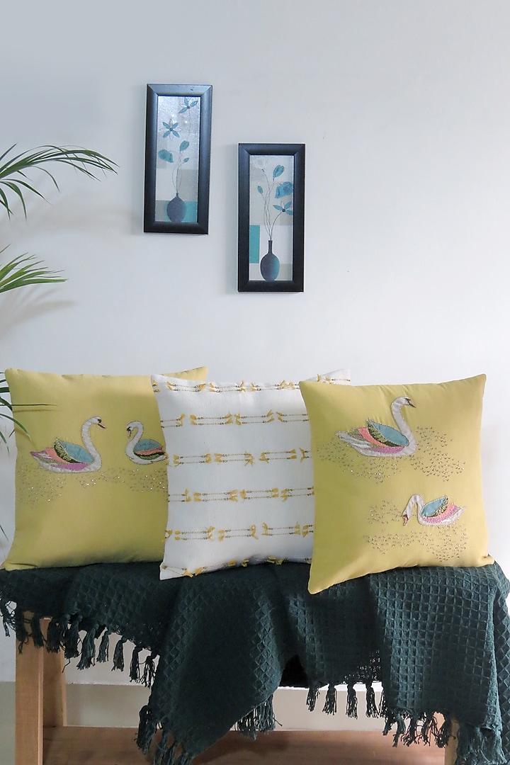 Yellow & White Cotton Hand Embroidered Handcrafted Cushion Cover (Set of 3) by Mid July Home