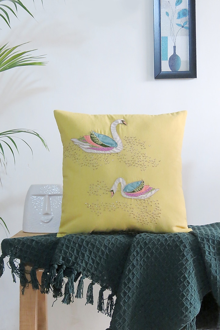 Yellow & White Cotton Hand Embroidered Handcrafted Cushion Cover (Set of 3) by Mid July Home at Pernia's Pop Up Shop