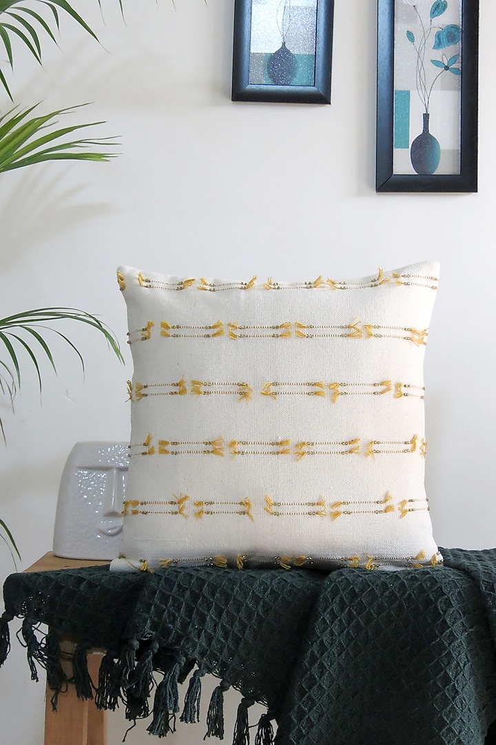 Yellow & White Cotton Hand Embroidered Handcrafted Cushion Cover (Set of 3) by Mid July Home at Pernia's Pop Up Shop