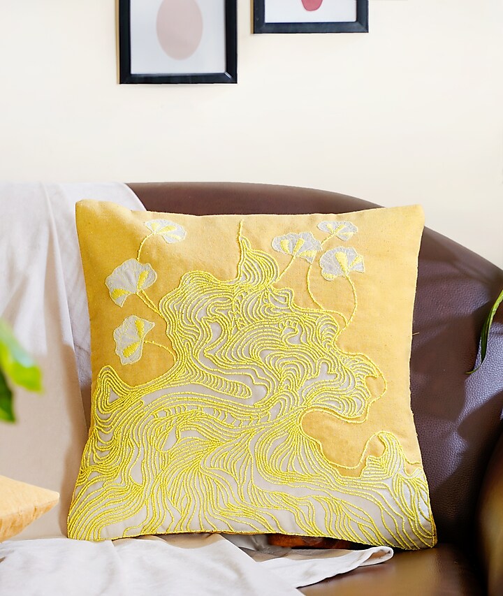 Yellow Cotton Hand Embroidered Cushion Cover by Mid July Home