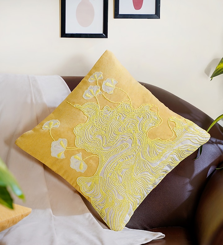 Yellow Cotton Hand Embroidered Cushion Cover by Mid July Home at Pernia's Pop Up Shop