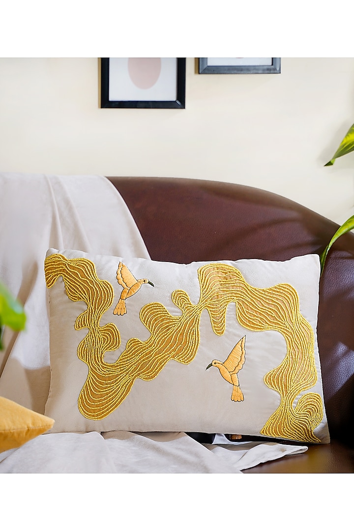 Off-White Velvet Hand Embroidered Cushion Cover by Mid July Home