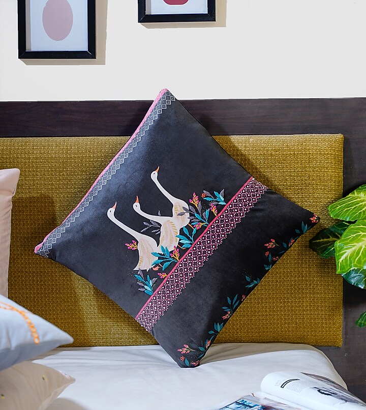 Black Velvet Printed & Hand Embroidered Cushion Cover by Mid July Home at Pernia's Pop Up Shop