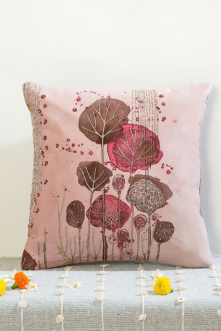 Pink & Grey Premium Velvet Hand Embroidered Cushion Cover by Mid July Home