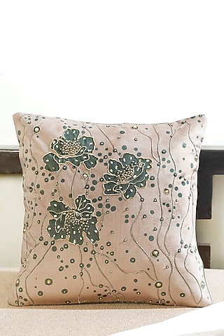 Beige Premium Velvet Hand Embellished Cushion Cover by Mid July Home