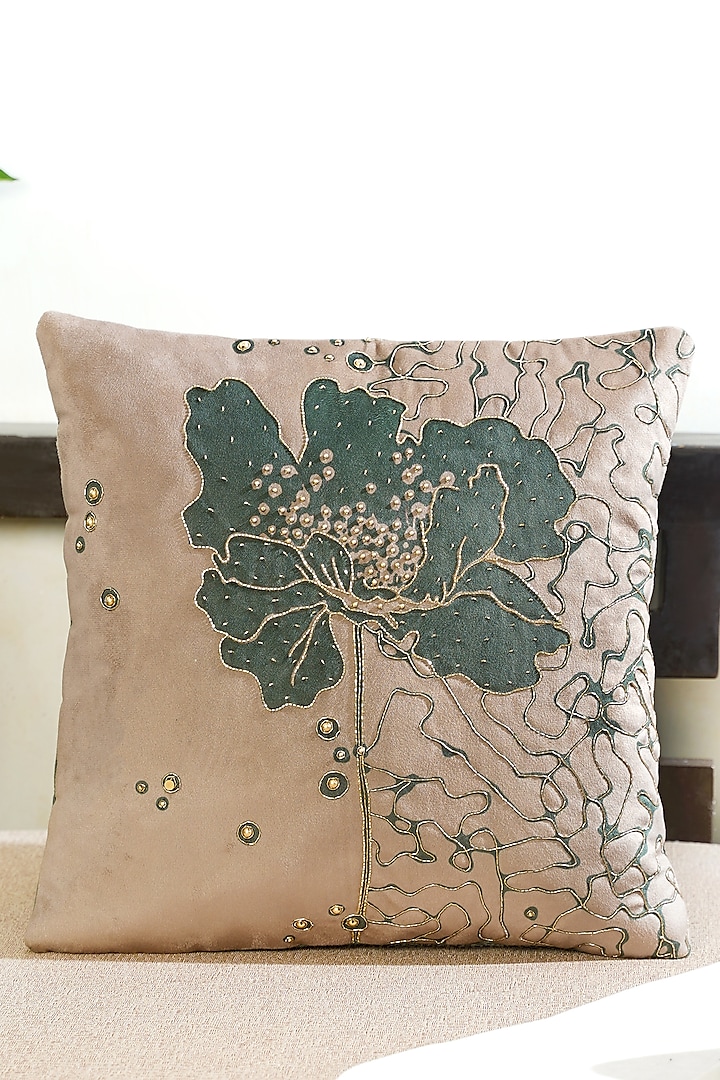 Beige Premium Velvet Hand Embellished Cushion Cover by Mid July Home