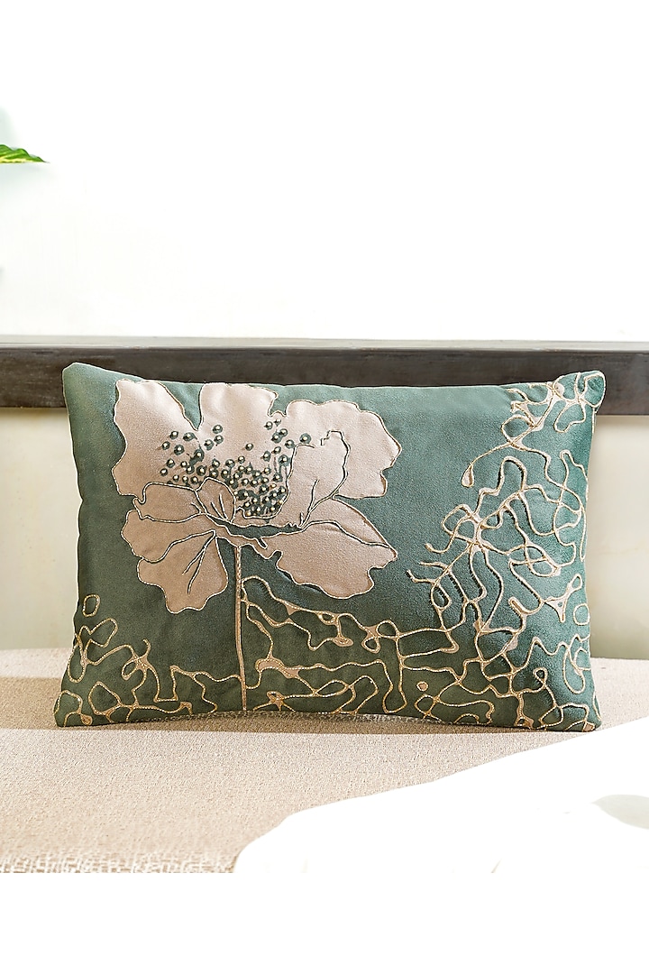 Green Premium Velvet Hand Embellished Cushion Cover by Mid July Home