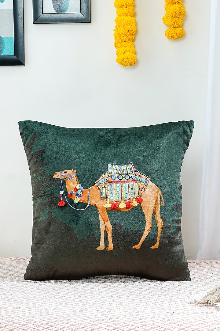Green Premium Velvet Hand Embroidered Cushion Cover by Mid July Home