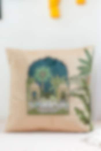 Beige Premium Velvet Hand Embroidered Cushion Cover by Mid July Home
