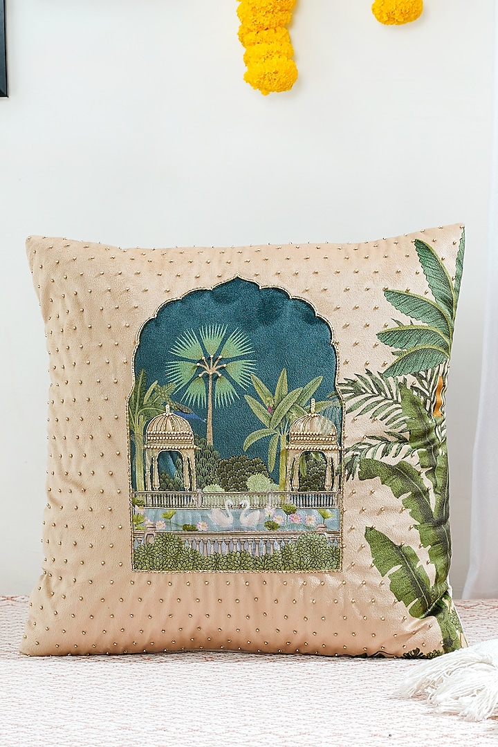 Beige Premium Velvet Hand Embroidered Cushion Cover by Mid July Home