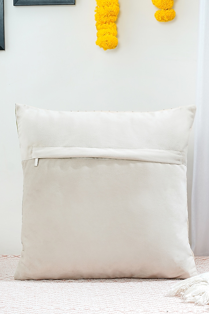 Beige Premium Velvet Hand Embroidered Cushion Cover by Mid July Home at Pernia's Pop Up Shop