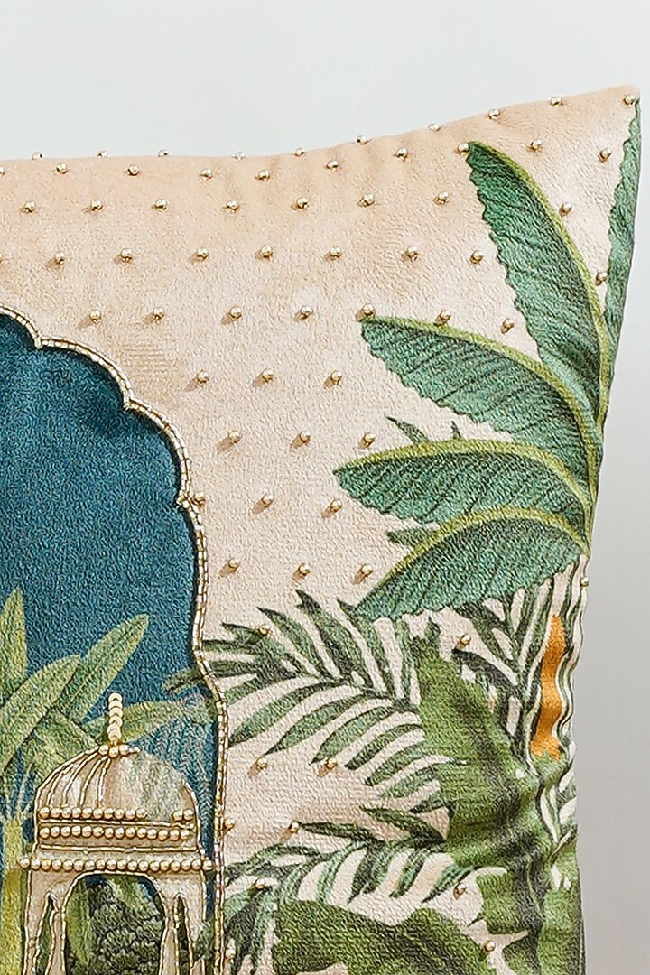 Beige Premium Velvet Hand Embroidered Cushion Cover by Mid July Home at Pernia's Pop Up Shop
