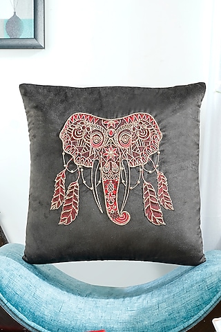 Black Premium Velvet Zardosi Embellished Cushion Cover Set by Mid July Home