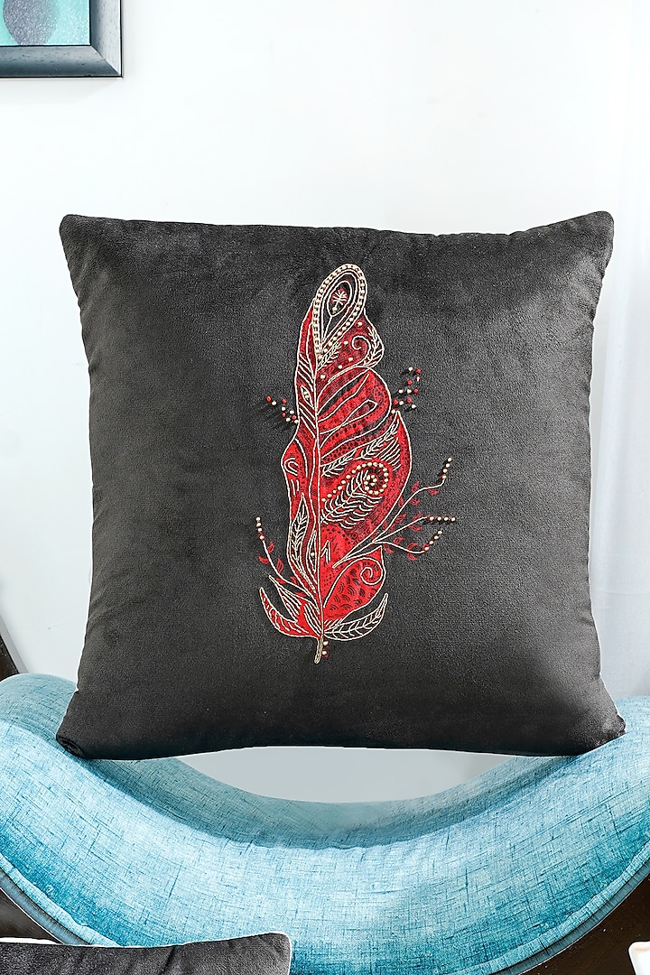 Black Premium Velvet Zardosi Embellished Cushion Cover Set by Mid July Home