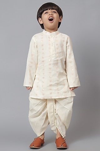 Off-White Cotton Printed Kurta Set For Boys by Mudkid
