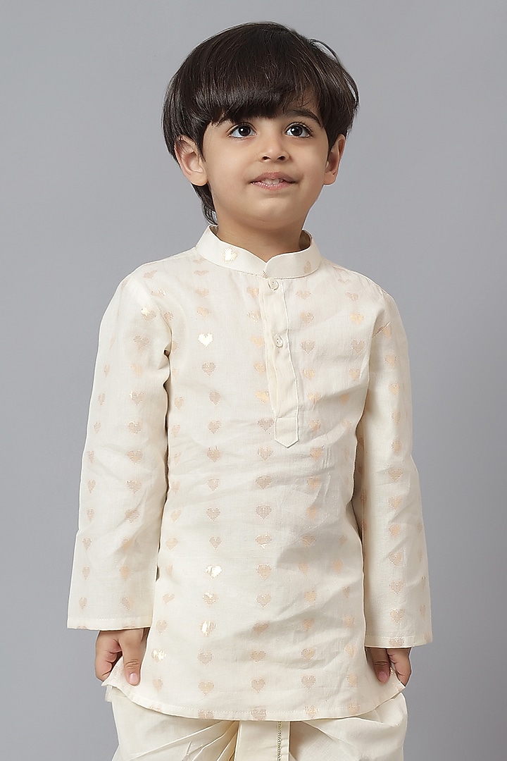 Off-White Cotton Printed Kurta Set For Boys by Mudkid at Pernia's Pop Up Shop