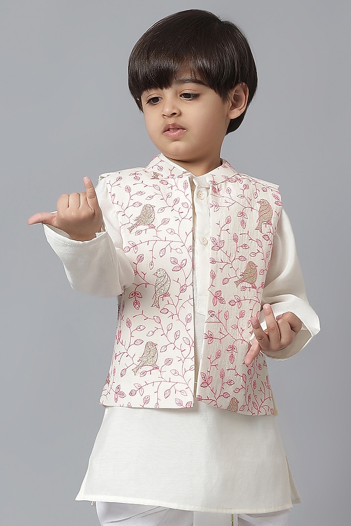 Off-White Cotton Embroidered Jacket Set For Boys by Mudkid at Pernia's Pop Up Shop