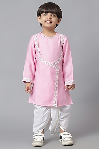 Pink Cotton Embroidered Kurta Set For Boys by Mudkid