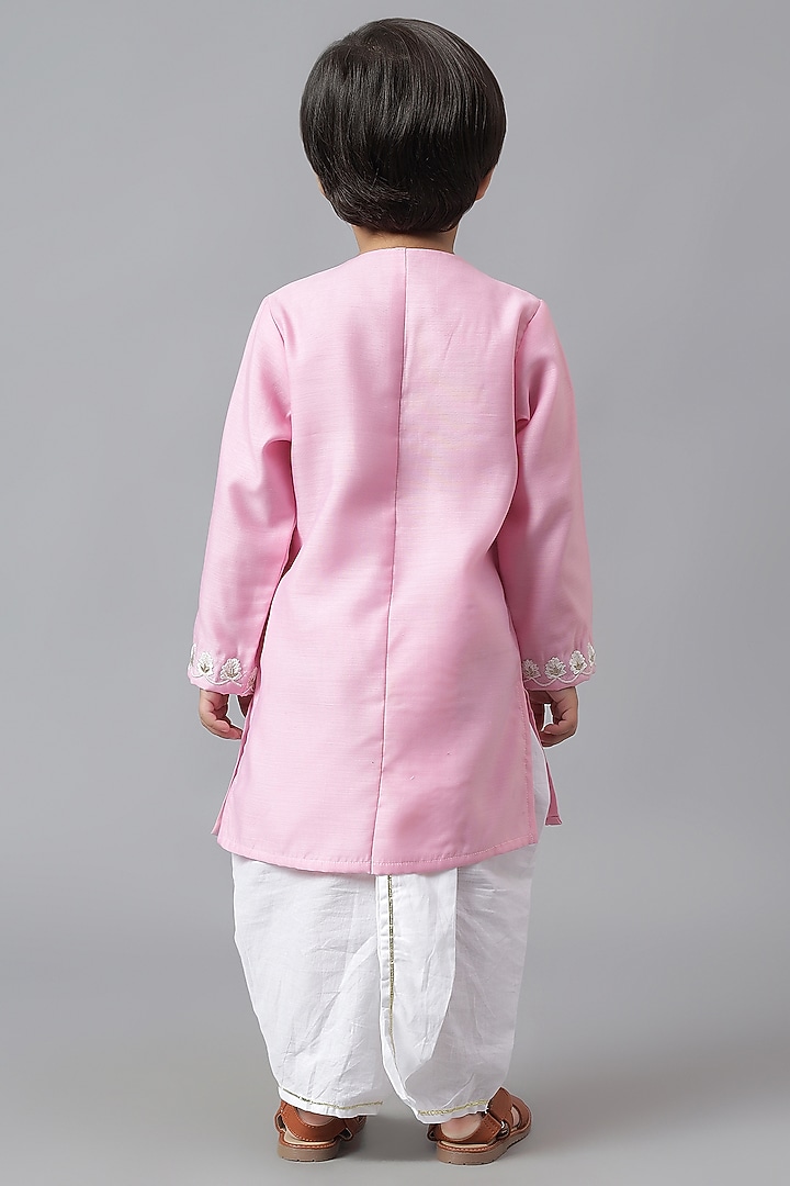 Pink Cotton Embroidered Kurta Set For Boys by Mudkid at Pernia's Pop Up Shop
