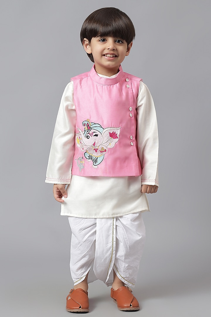 Pink Cotton Embroidered Jacket Set For Boys by Mudkid at Pernia's Pop Up Shop