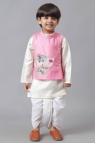Pink Cotton Embroidered Jacket Set For Boys by Mudkid