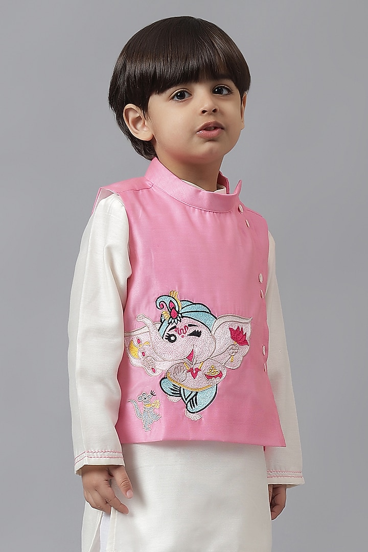 Pink Cotton Embroidered Jacket Set For Boys by Mudkid at Pernia's Pop Up Shop