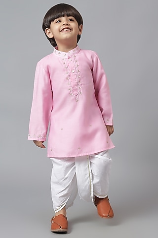 Pink Cotton Embroidered Kurta Set For Boys by Mudkid