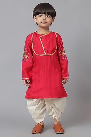 Red Cotton Embroidered Kurta Set For Boys by Mudkid