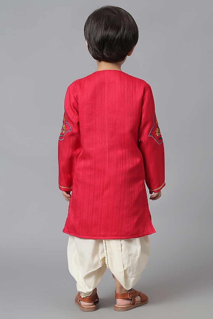 Red Cotton Embroidered Kurta Set For Boys by Mudkid at Pernia's Pop Up Shop