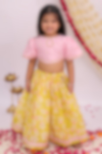 Mustard Yellow Silk Printed Lehenga Set For Girls by Mudkid at Pernia's Pop Up Shop