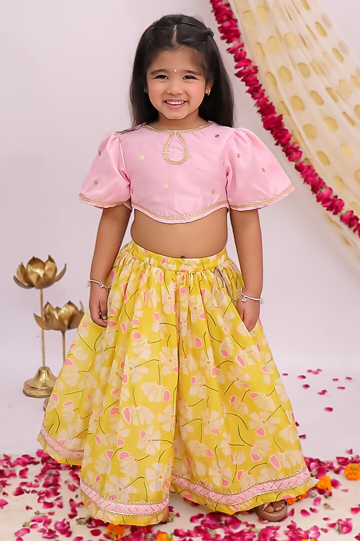 Mustard Yellow Silk Printed Lehenga Set For Girls by Mudkid at Pernia's Pop Up Shop