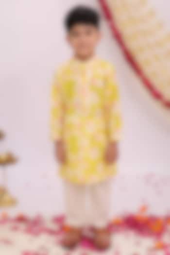 Mustard Yellow Silk Printed Kurta Set For Boys by Mudkid at Pernia's Pop Up Shop