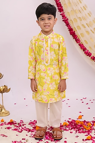 Mustard Yellow Silk Printed Kurta Set For Boys by Mudkid