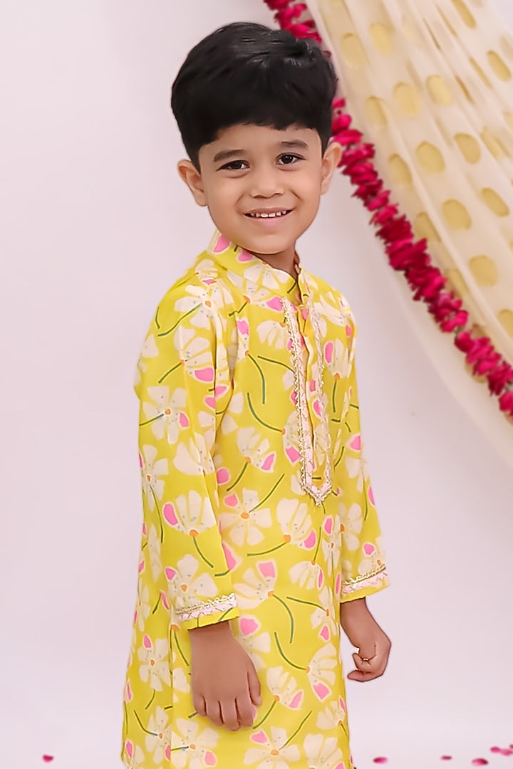 Mustard Yellow Silk Printed Kurta Set For Boys by Mudkid at Pernia's Pop Up Shop