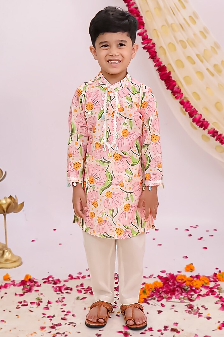 Multi-Colored Silk Printed Kurta Set For Boys by Mudkid at Pernia's Pop Up Shop