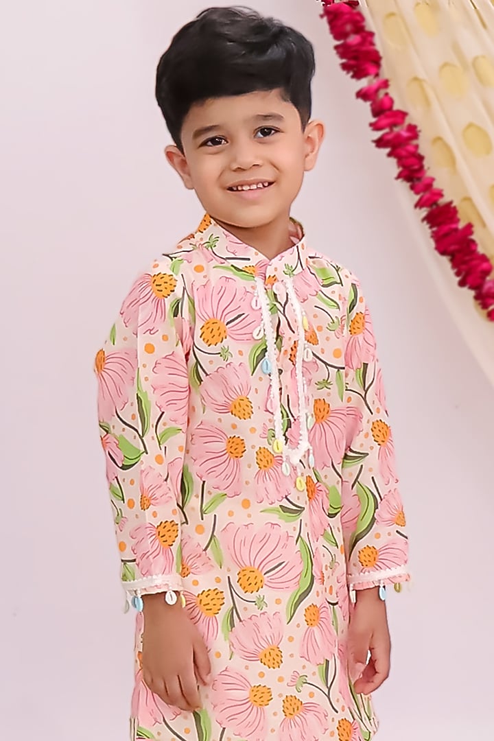 Multi-Colored Silk Printed Kurta Set For Boys by Mudkid at Pernia's Pop Up Shop
