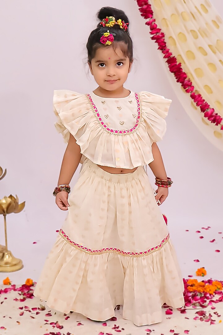 Off-White Cotton Floral Printed Lehenga Set For Girls by Mudkid at Pernia's Pop Up Shop