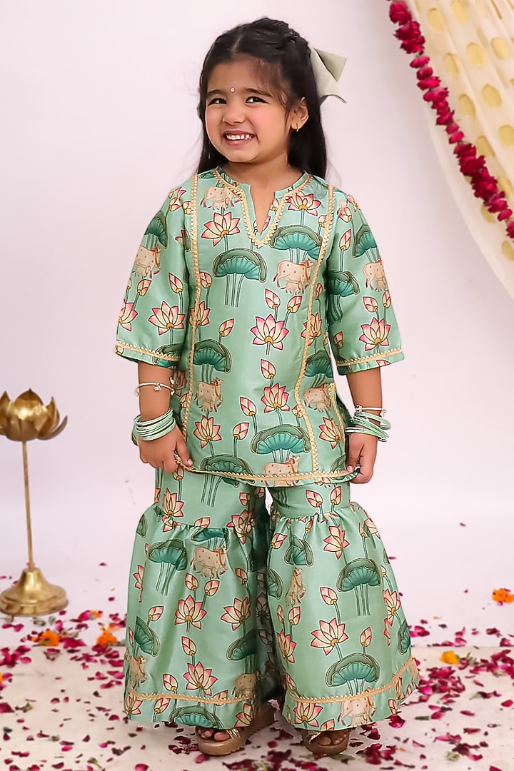 Greenish Blue Silk Floral Printed Sharara Set For Girls by Mudkid at Pernia's Pop Up Shop