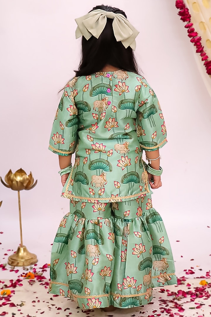 Greenish Blue Silk Floral Printed Sharara Set For Girls by Mudkid at Pernia's Pop Up Shop
