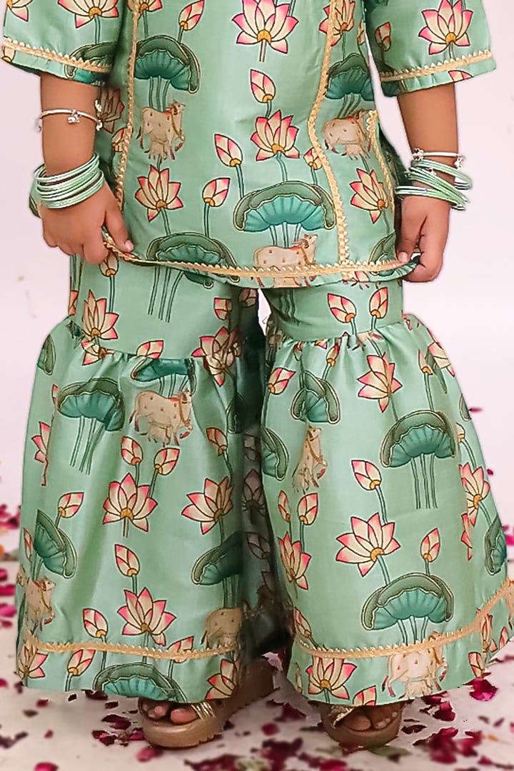 Greenish Blue Silk Floral Printed Sharara Set For Girls by Mudkid at Pernia's Pop Up Shop