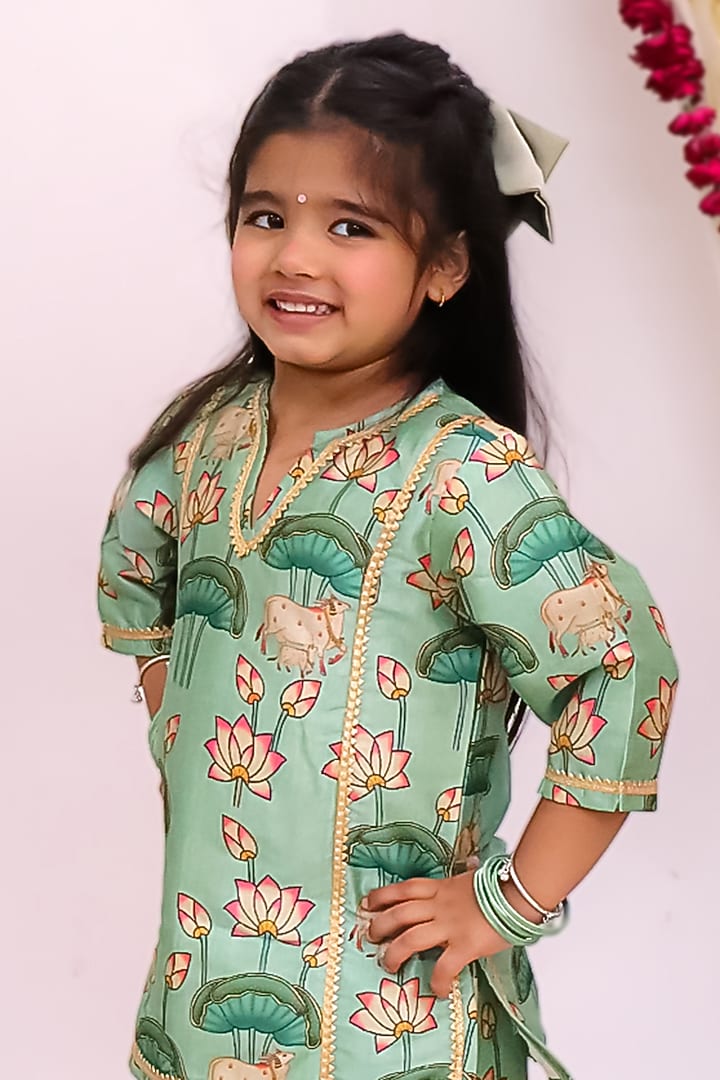 Greenish Blue Silk Floral Printed Sharara Set For Girls by Mudkid at Pernia's Pop Up Shop